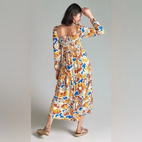 Anthropologie DOLAN Smocked Multicolor Laney Midi Long Sleeve Modest Dress - Picture 7 of 7